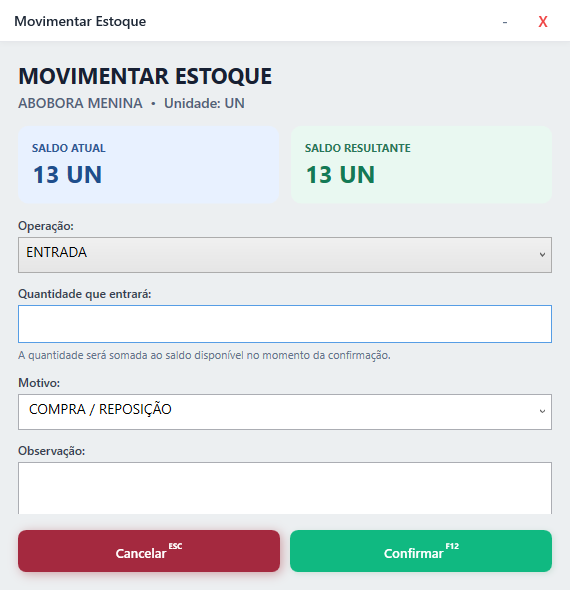 Tela de movimentação de estoque